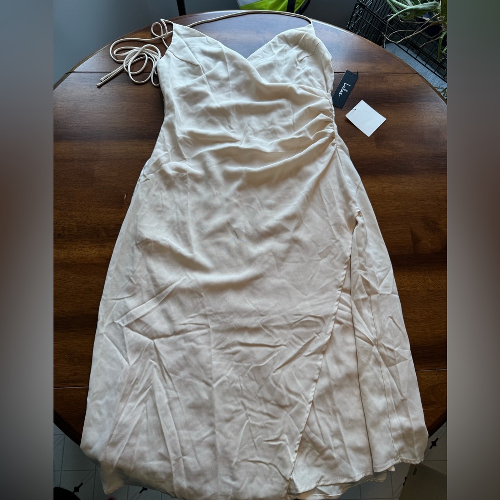 Lulus Cream Asymmetrical Ruched Sheath Dress